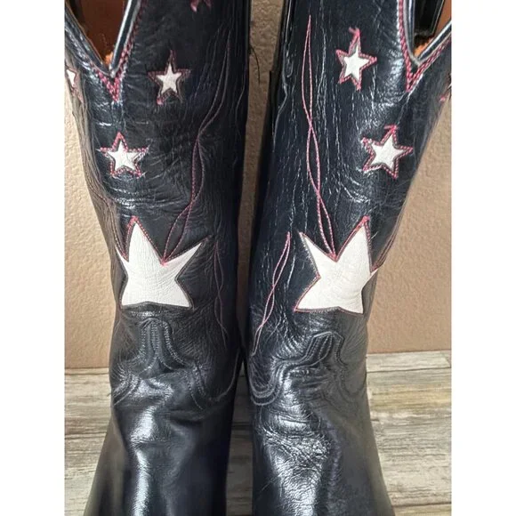 Lucchese Classics Star Inlay Cowboy Boots Black Leather USA Vintage 10.5 w/FLAW
